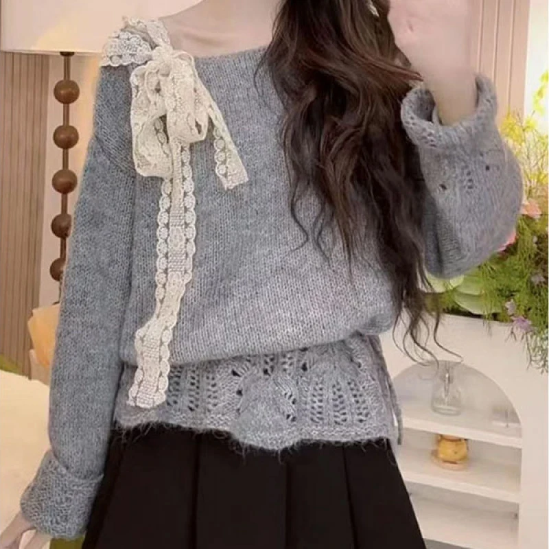 

Кружевной ажурный длинный вязаный свитер светя, женский ранний осенний новый мягкий уютный топ с бантом, дизайн с колючками