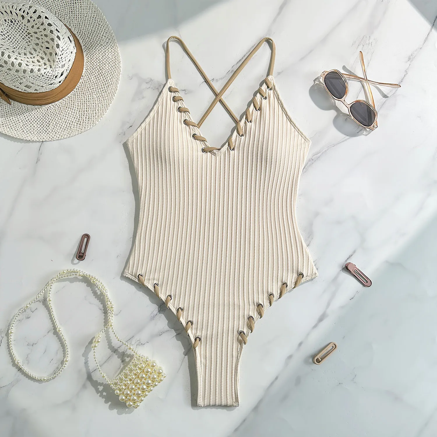 

5 Colors V Neck Ribbed Cross Back One Piece Swimsuit Women Swimwear Female High Leg Cut Monokini Bather Bathing Suit Swim
