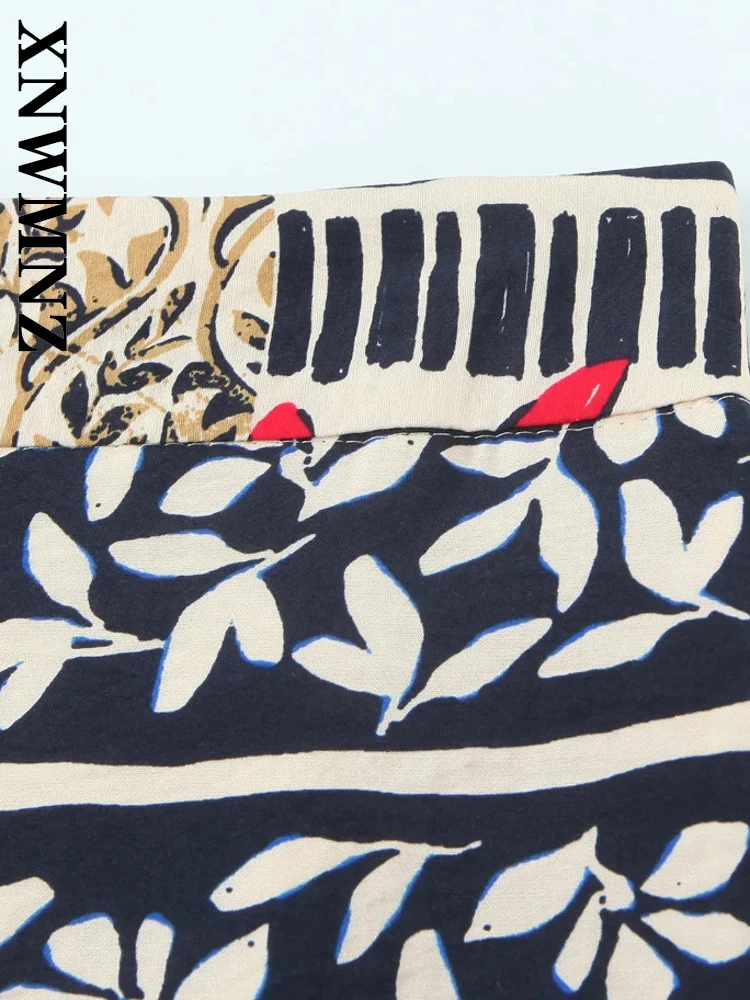 XNWMNZ 2025 Summer New Female Trendy High Waist Long Pants Vintage Woman's Bottoms Ruffles Regular Fit Pockets Print Patchwork