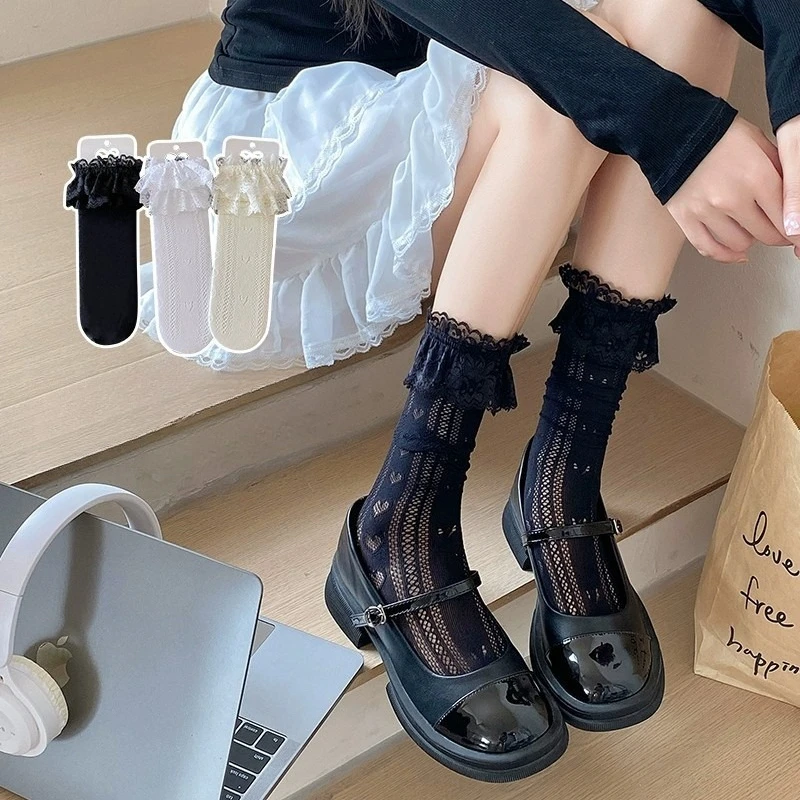 

Love Heart Pattern Lace Trim JK Calf Socks for Women Sweet Cute Summer Thin Hollow Lolita Princess Style Mid Tube Stacked Socks