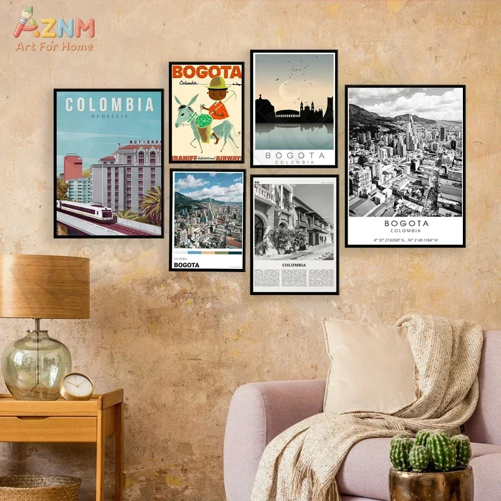 AZNM Colombia Bogota Medellin City Landscape Canvas Wall Art Vintage Travel Poster Print Retro Scenery Home Decor Unframed Paint