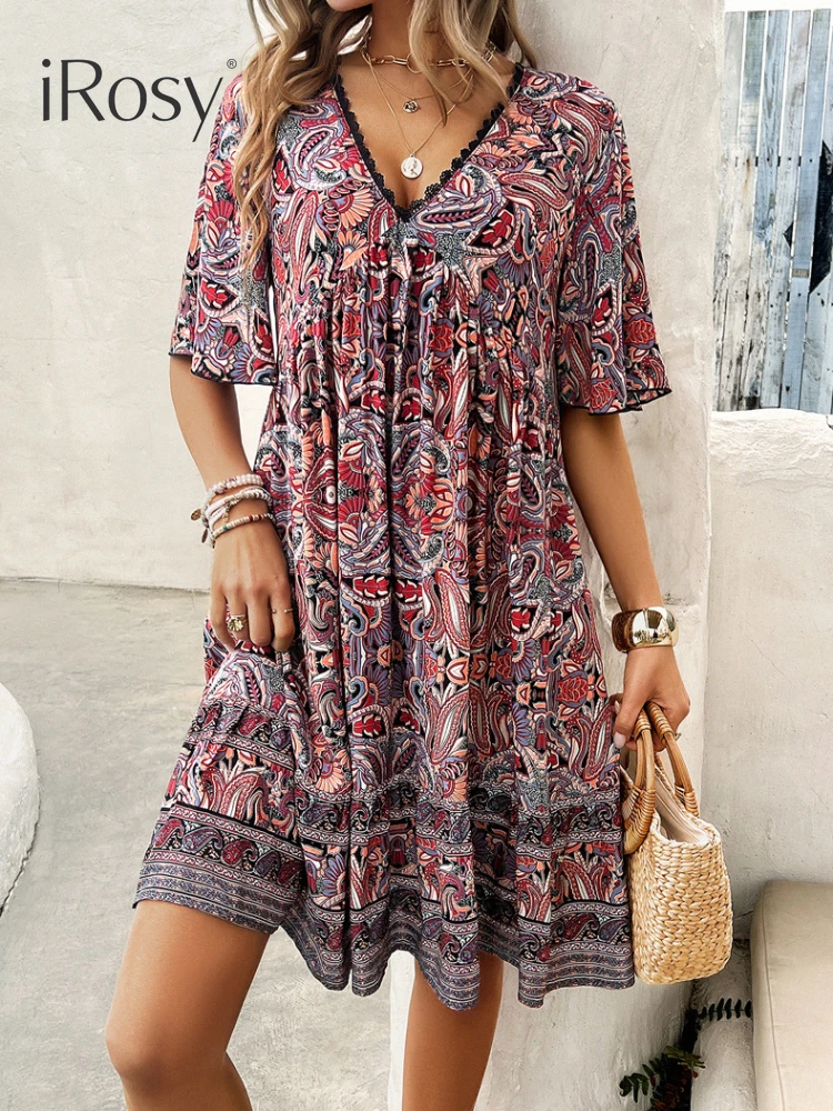 2024 New in Summer Paisley Print Boho Viscose Dress for Women Casual Loose Short Sleeve Deep V Neck Bohemian Vacation Dresses