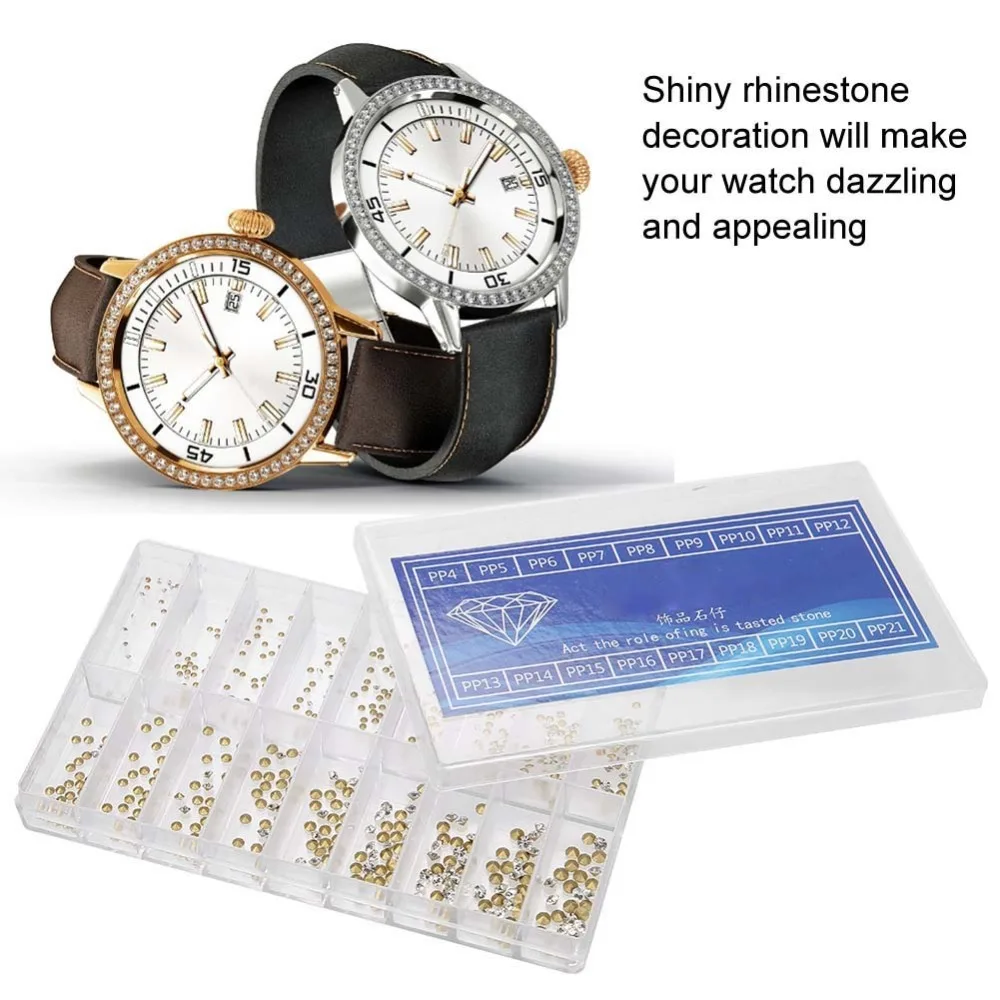 Komplettes Set, 18 Größen, Uhrendekorationsteile, runde Kristall-Strasssteine, Ersatz-Strasssteine, Uhrenzubehör, Bastelprojekte