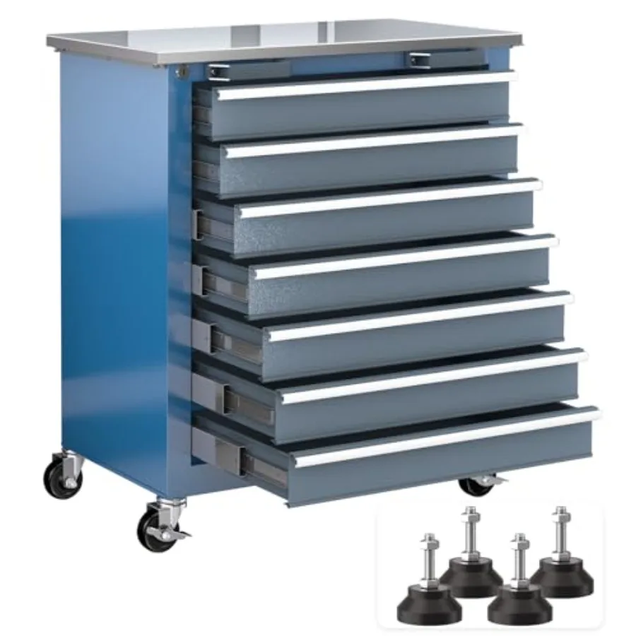 

Rolling with Stainl Steel Countertop, Tool Chest with Secure Locking System, Tool Cabinet with 360°Wheels and Padded Feet, for