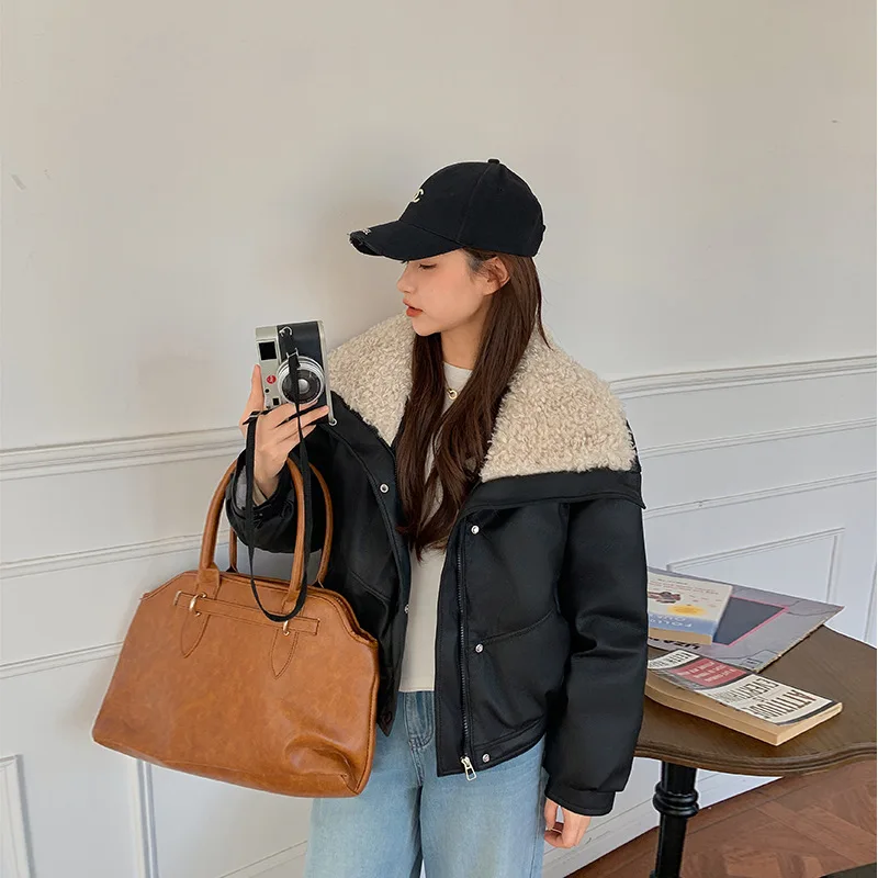 Trendy Fleece Thicken Warm Short Leather Jacket Shearling PU Leather Cotton Lining Women's Winter New Zipper Leather-Cotton Coat
