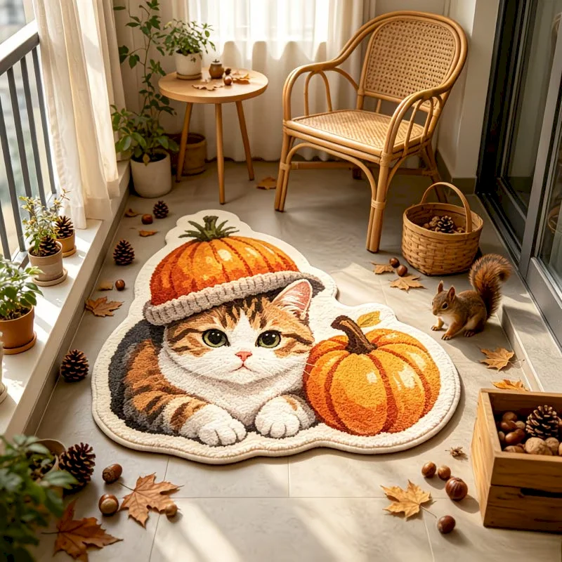 VIKAMA Halloween Pumpkin Cat Plush Carpet Quick Drying Water Absorbing Carpet Entrance Non Slip Floor Mat Home Decoration