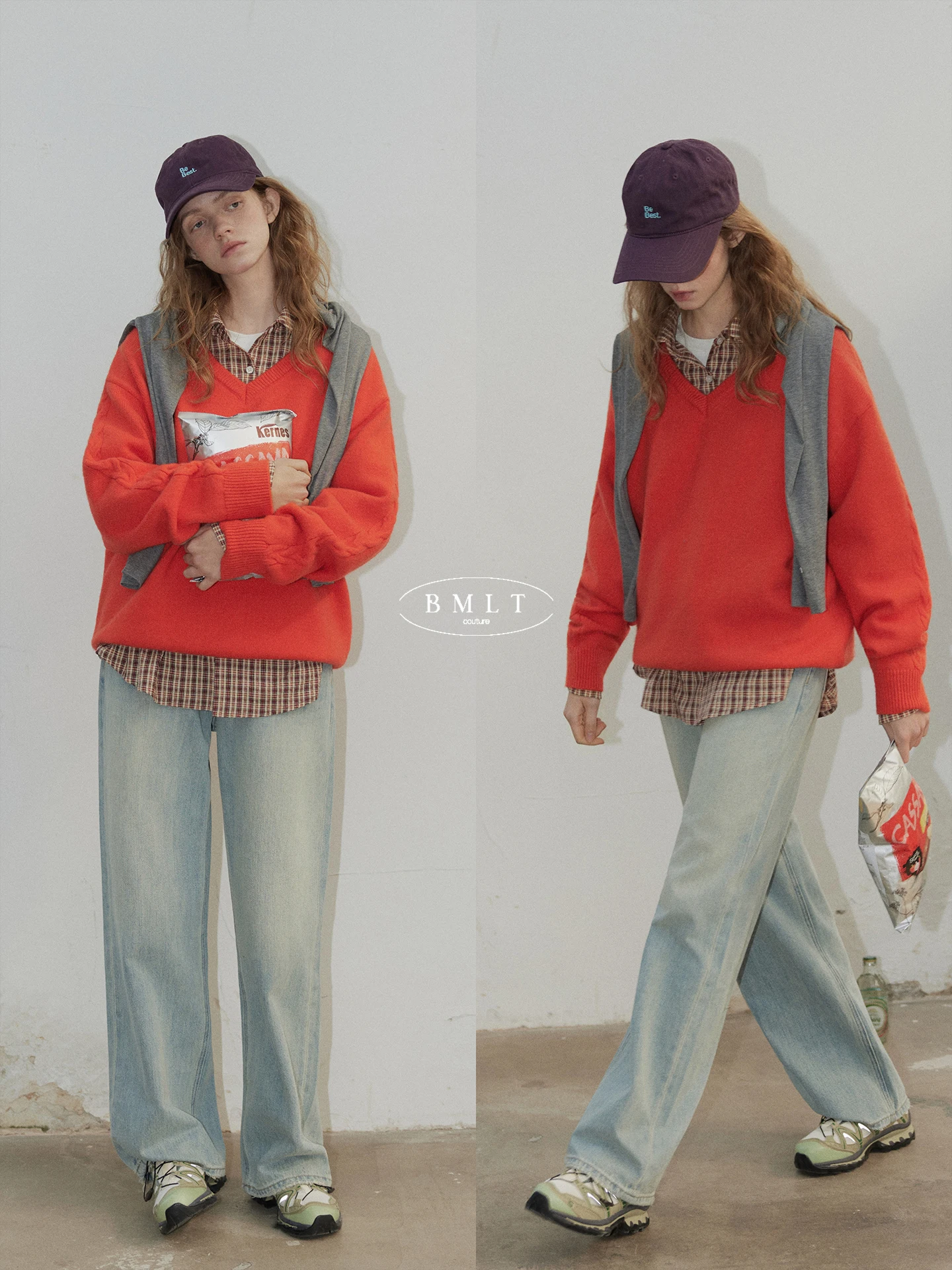 

BMLT Korean Sle V-Ne Loose Fit Pullover Sweater Women's Orange Simple Design Spring 2026 New Arrival Casual Wear