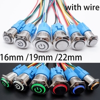 16mm 19mm 22mm Metal Button Switch On Off Car Power Start Stop Led Light Waterproof Reset Latching With Wire 1NO1NC 5V 12V 220V