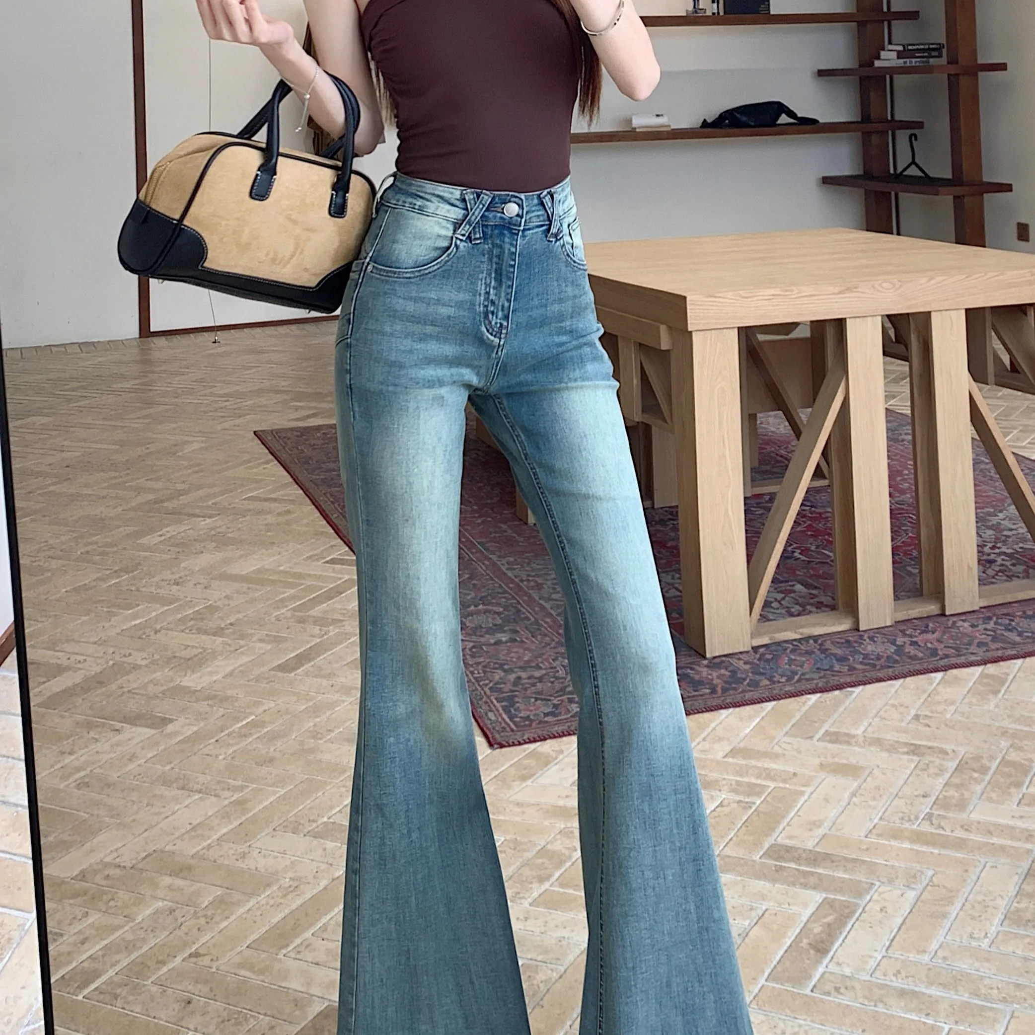 

Джинсы-клеш с высокой талией, облегающие, светло-голубые, эластичные, универсальные, повседневные, из хлопкового стрейч-денима, весна-лето, новинка