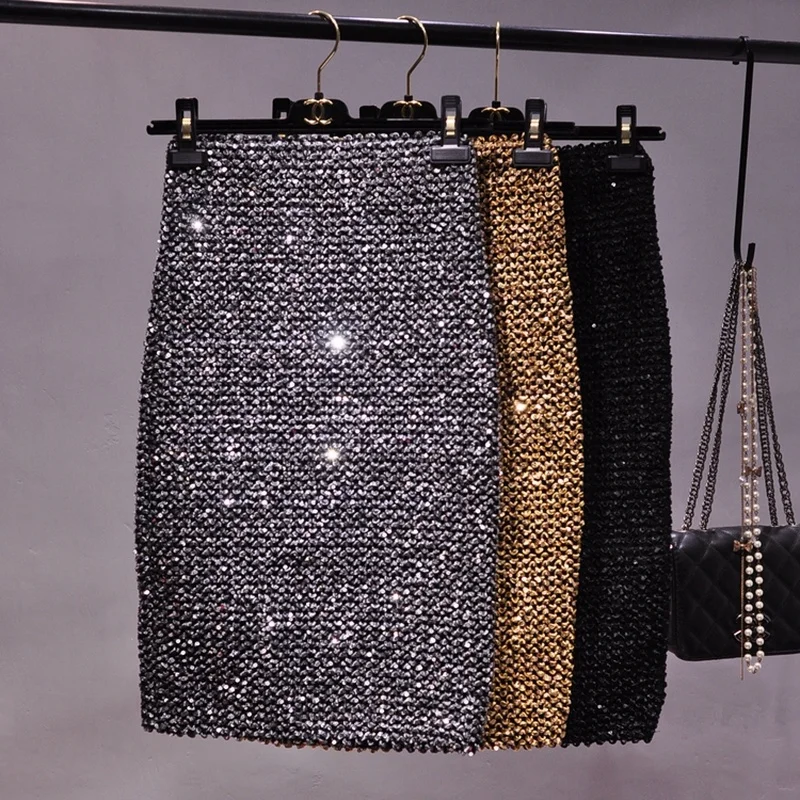 Spring New Oversized Elastic Sequins Over The Knee Skirt Glitter Bag Hip Tight Skirt One-step Skirt