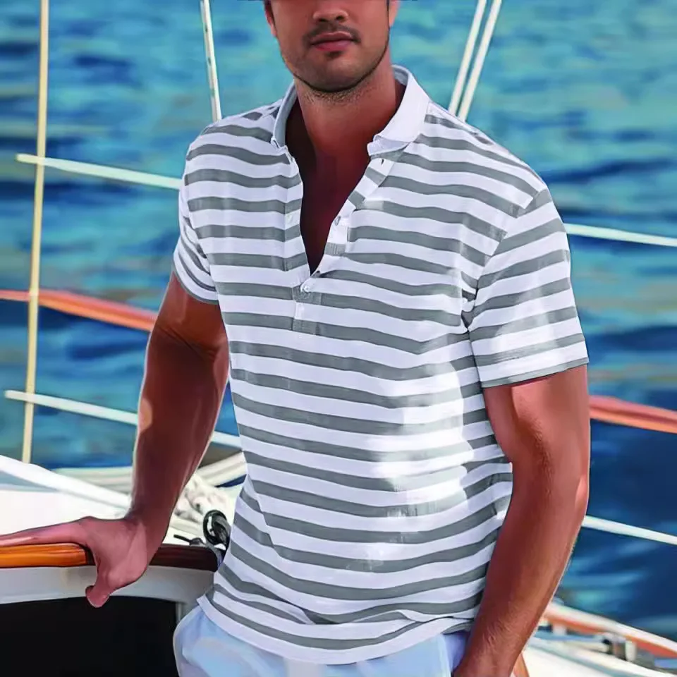 

2025 Hawaii Men Fashion Polo Shirts Short Sleeve Turn-down Collar Stripe Casual Polos Summer Male Tops Pullover Streetwear