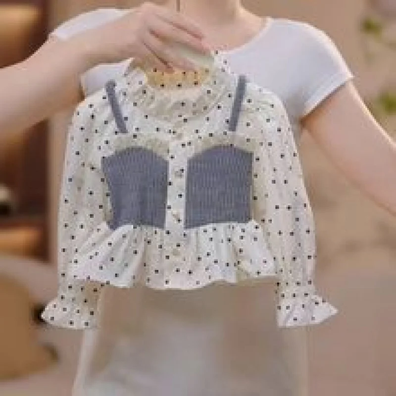 

Girls' Spring and Autumn Outfit2025New Fake Two-Piece Polka Dot Shirt Top Casual Flared Pants Two-Piece Set