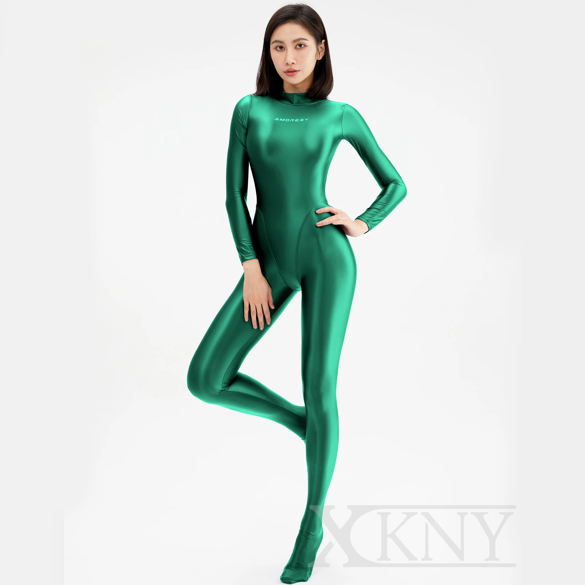 XCKNY Shiny Long Sleeve Full Length Oil Tights Smooth Running Overalls Yoga Zentai Casual Sport Suits Jumpsuits Catsuits AMORESY