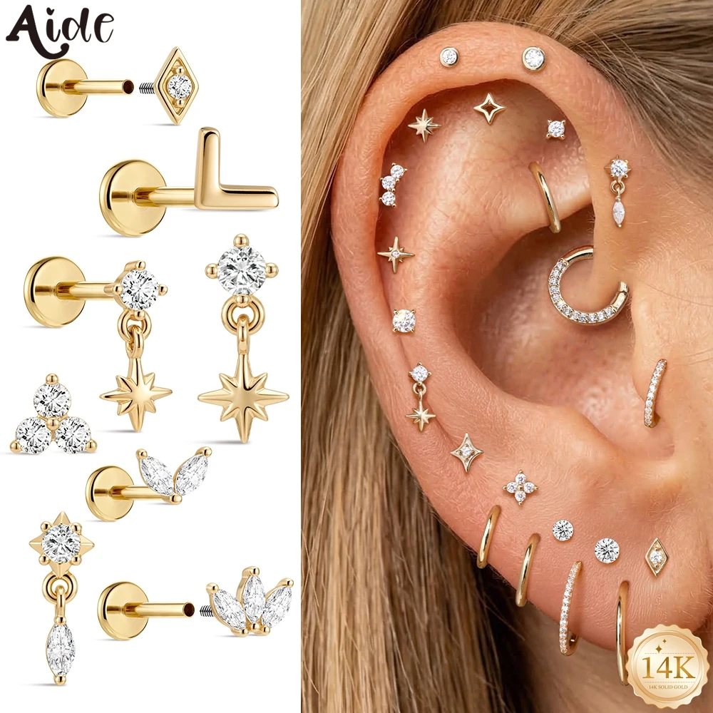 

Aide 14K Solid Gold CZ Cartilage Stud Earrings Shiny Zircon Assorted Star/Marquise Piercing Earrings for Women Ear Studs Jewelry