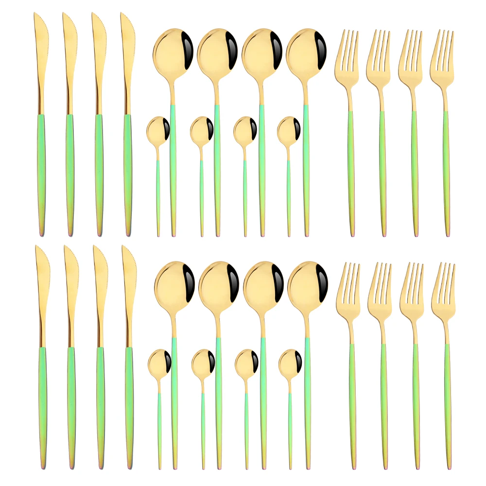 

32Pcs Dinnerware Set Rainbow Handle Gold Tableware Set Knife Forks Spoons Set Kitchen Complete Flatware Stainless Steel Cutlery