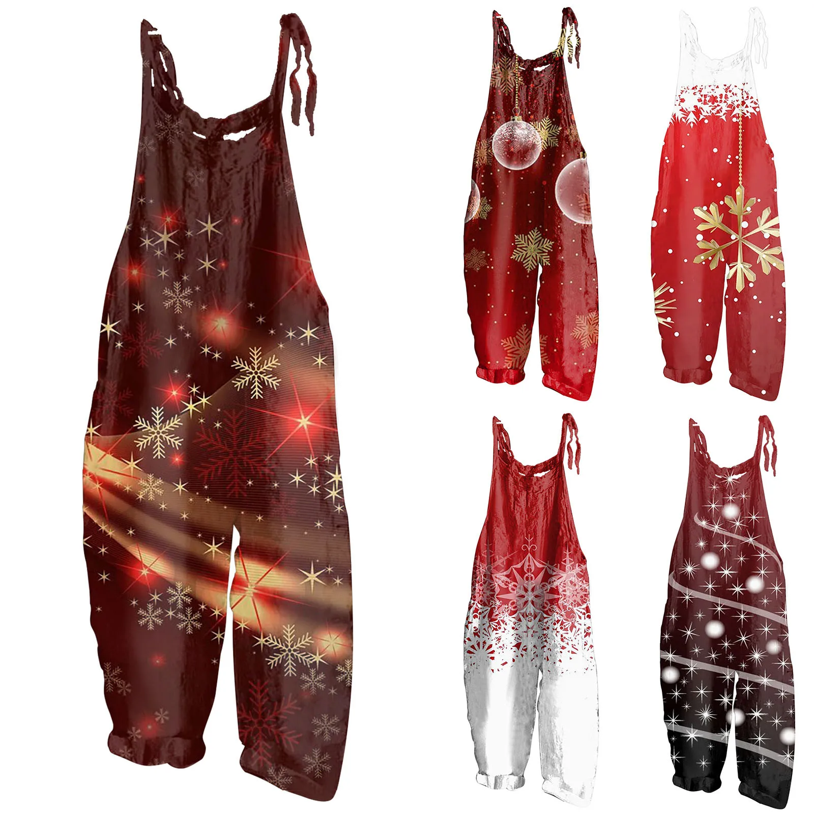 2023 New Women'S Casual Christmas Print Loose Wide Leg Jumpsuit Casual Sleeveless Suspender Trouser Plaid Snowflake Jumpsuit