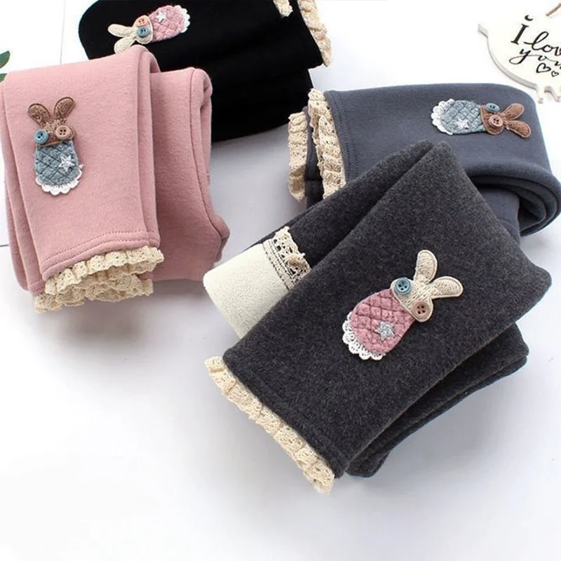 

Fleece Lined Leggings For Girls 2025 Winter Kids Warm Pants Cartoon Embroidery Lace Trim Children Thermal Trousers