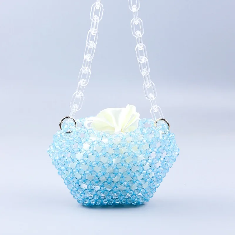 Customized Female Designer Fashion Handmade Beaded Bag Blue Acrylic Corner Bead Hollow Woven Trapezoidal Chain Crossbody Bags