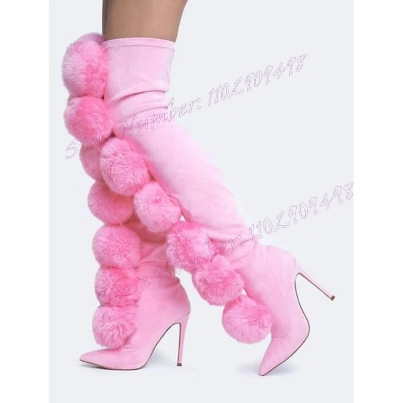 Rosa flauschige Overknee-Stiefel spitze Zehen schuhe für Frauen Stilettos High Heels sexy Winters chuhe 2024 zapatos para mujere