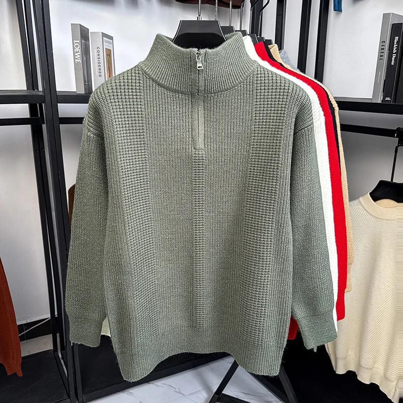 

High quality classic solid color men knitted sweater trend luxury zipper high neck thicken warm simple casual versatile pullover