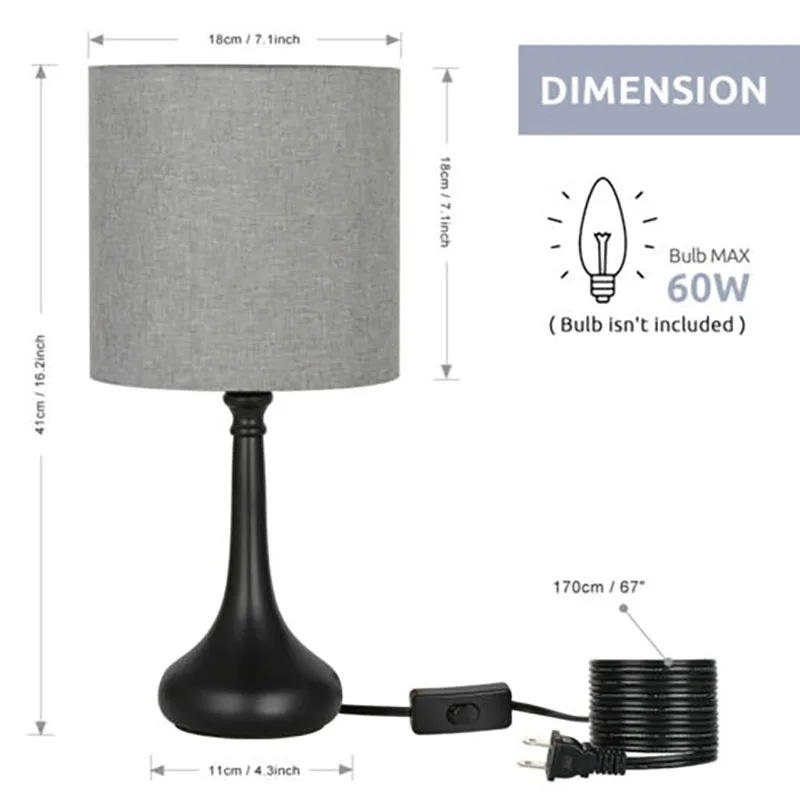 Bedside Nightstand Table Lamps, Modern Black Metal Base with Grey Linen Lampshade Desk Lamp, Small Lamp Set of 2 for Living Room