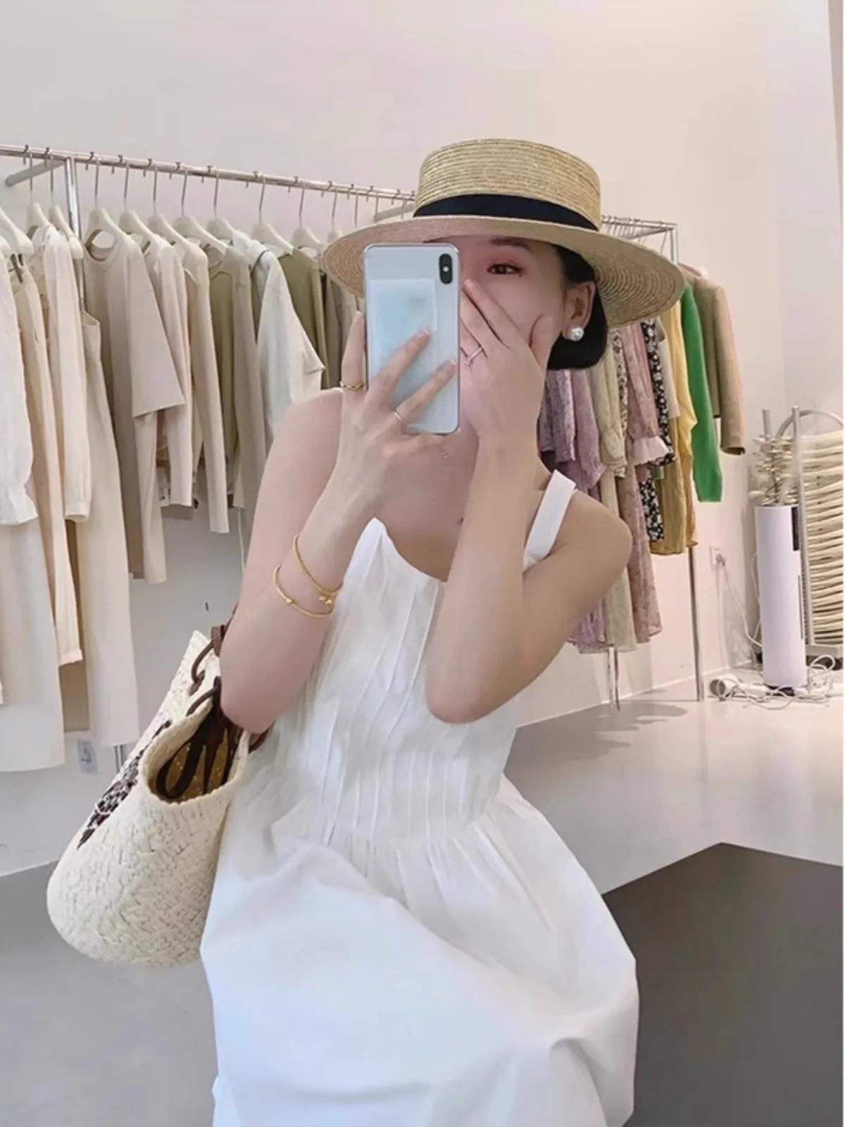 

Ele White Waist-Cinching Dr Women's Summer plus Size High-End Sensation Slimming Svel Strap Long Dr