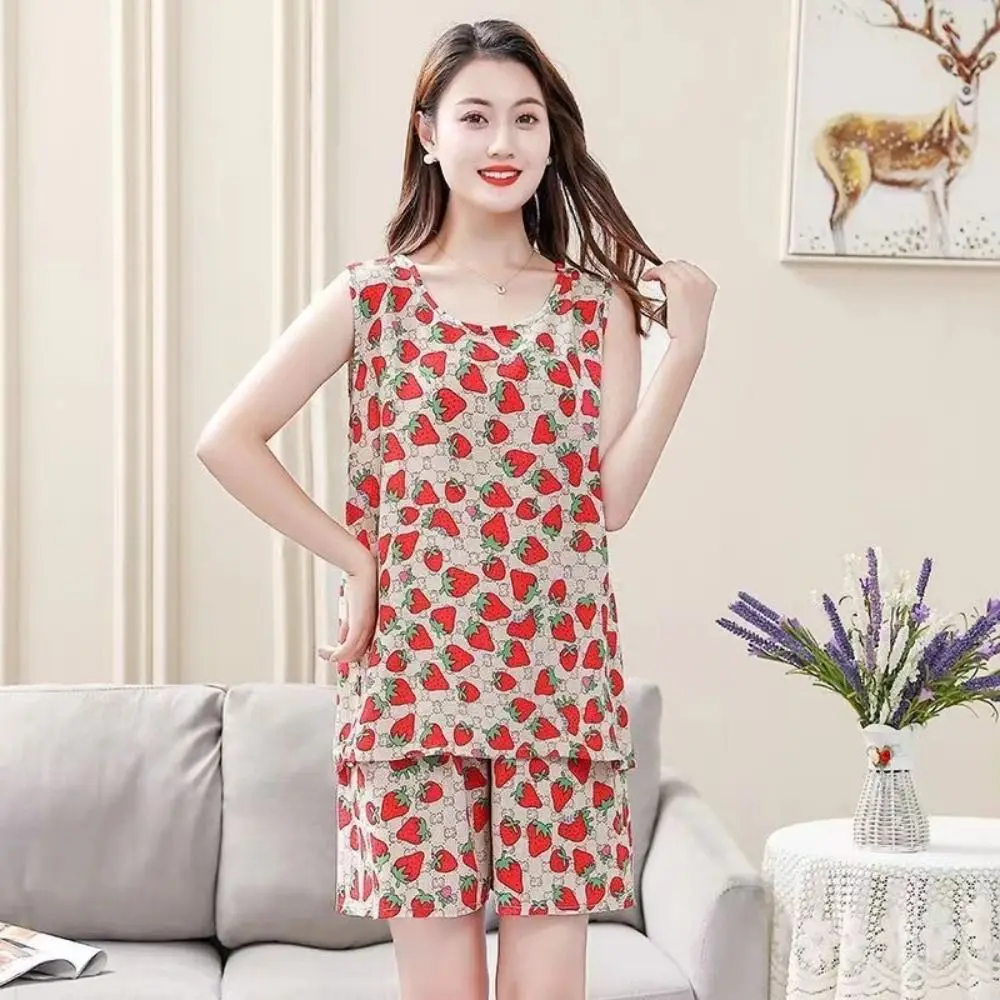 

Casual Cute Woman's Pajamas Set Cotton Silk Floral Printed Sleeveless Pajamas Loose Comfortable Floral Sleepwear Girls