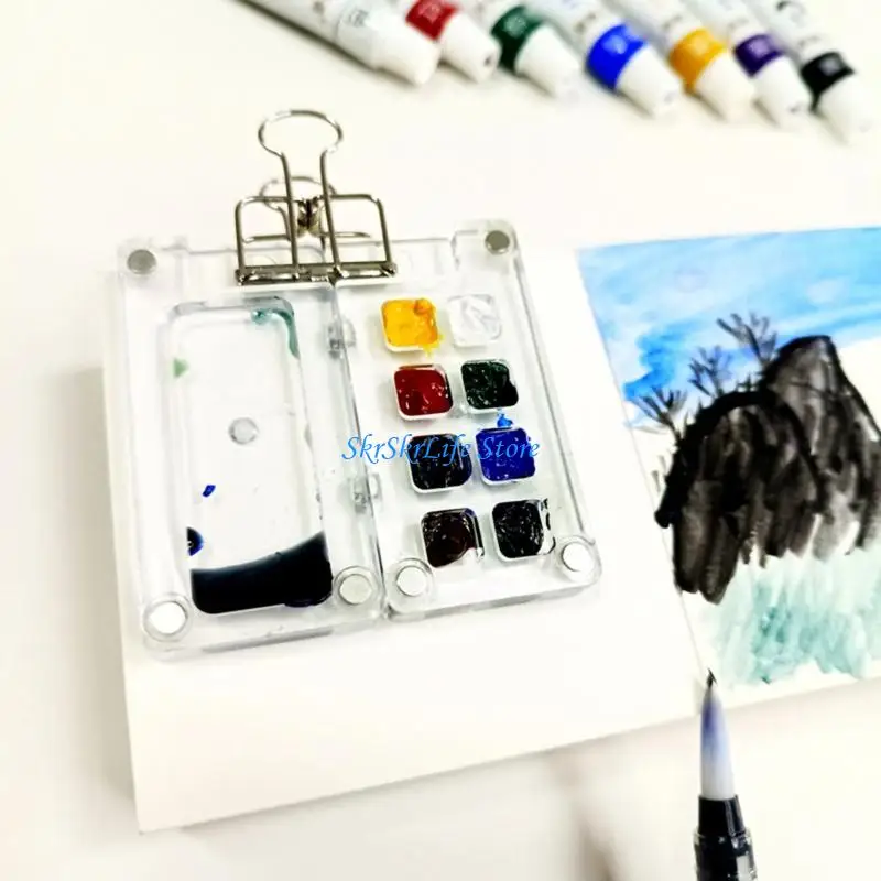 E65E 2Pcs 구아슈 오일 수채화 아크릴 페인트용 8웰 자기 아크릴 페인트 상자