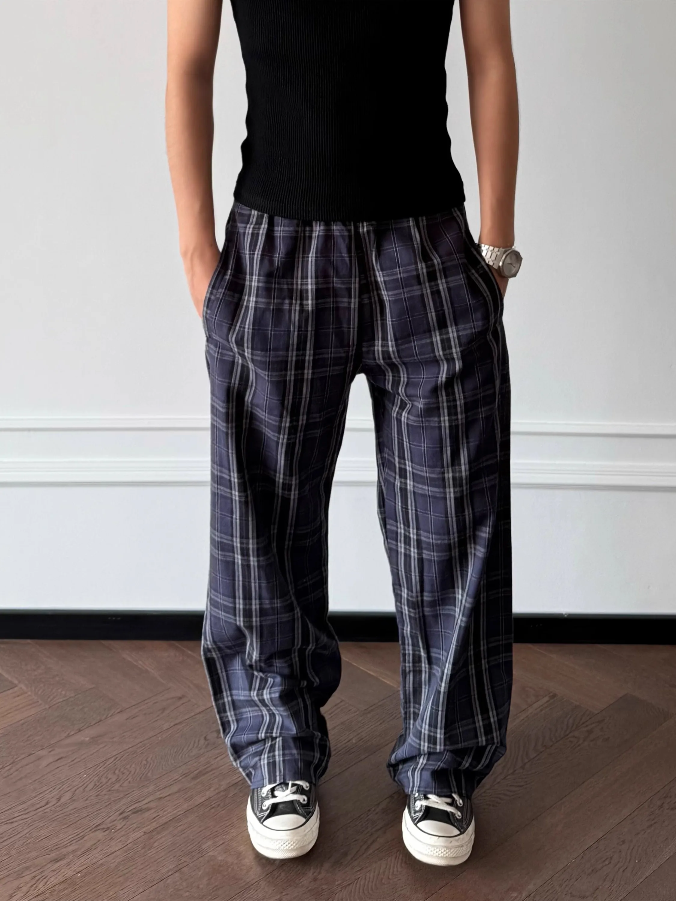 

American Retro Plaid Men's Summer New Loose Lazy Straight Loose Wide Leg Long Pants Casual Trousers Casual Pants