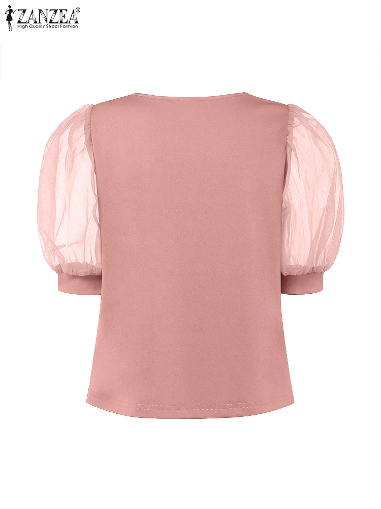เสื้อขนาดบวก ZANZEA Elegant Office Lady ผู้หญิงตาข่าย Patchwork เสื้อเซ็กซี่สแควร์คอเสื้อลําลองเสื้อแฟชั่น 5XL