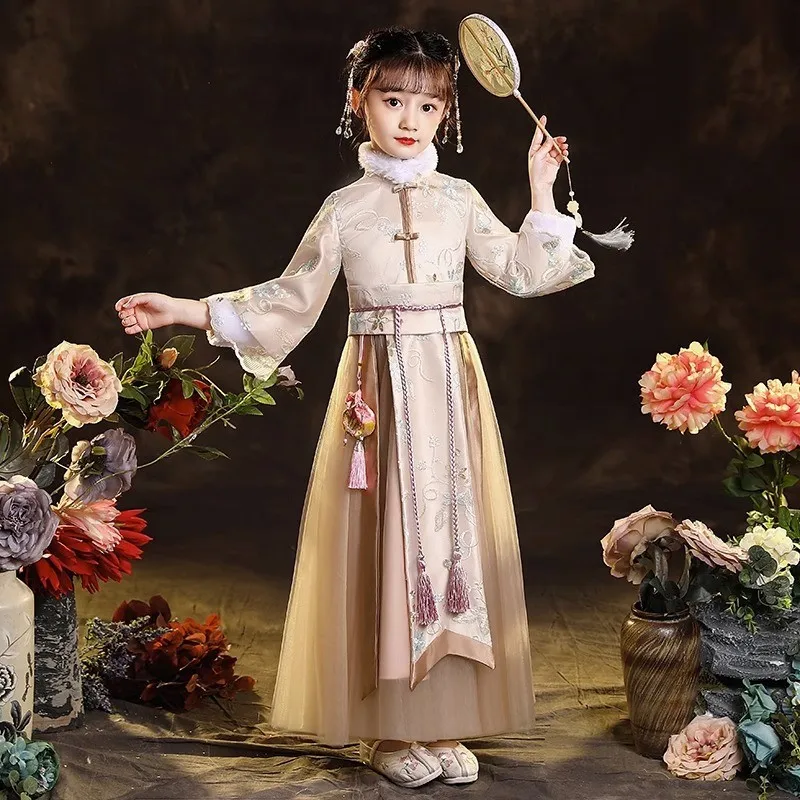 2024 New Embroider Hanfu Cloak Kids Vintage Chinese Perform Fairy Dress Gown Girls Prom Formal Birthday Christmas Gift Cosplay