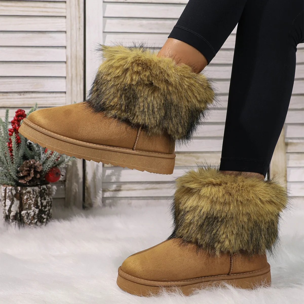 Botas de longitud media de boca poco profunda de terciopelo de suela gruesa a la moda para invierno nuevas botas de nieve cómodas y cálidas con punta redonda para mujer