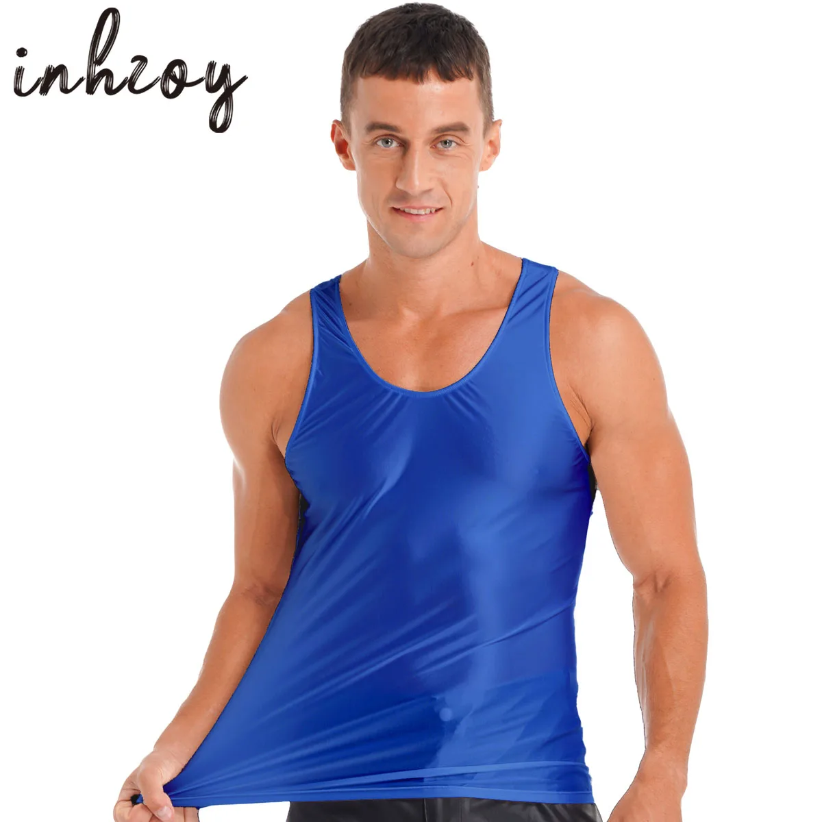 

Mens Glossy Sleeveless Tank Tops Satin Shiny Slim Fit Crop Top Vest T-Shirts Fitness Yoga Workout Dance Tops Swimwear Clubwear