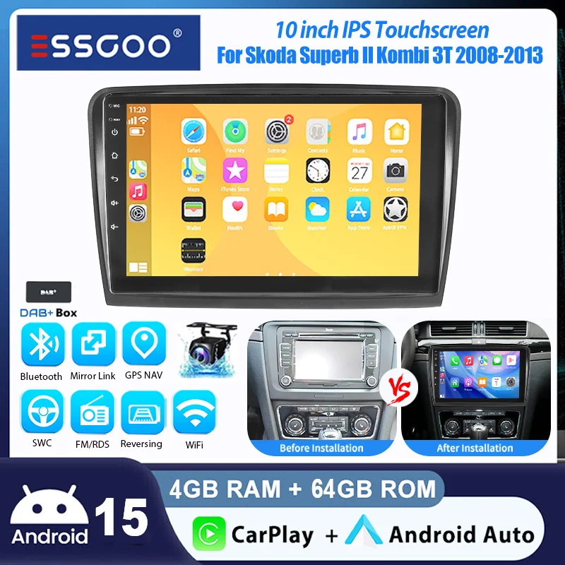 Autoradio ESSGOO Android15 10" 4+64 GB per Skoda Superb II 2008-2015 Navigazione GPS WiFi CarPlay Wireless Android Auto Bluetooth RDS Mirror Link CANBUS FM Controlli al Volante 2+32 GB Android 14