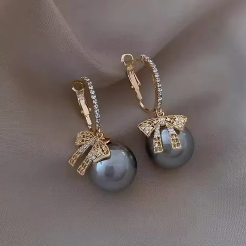 Sparkling Inlaid Zircon Bow Earrings, Red Imitation Pearl Earrings, Jewelry Gifts for Women New Year's and Christmas Parties image 5