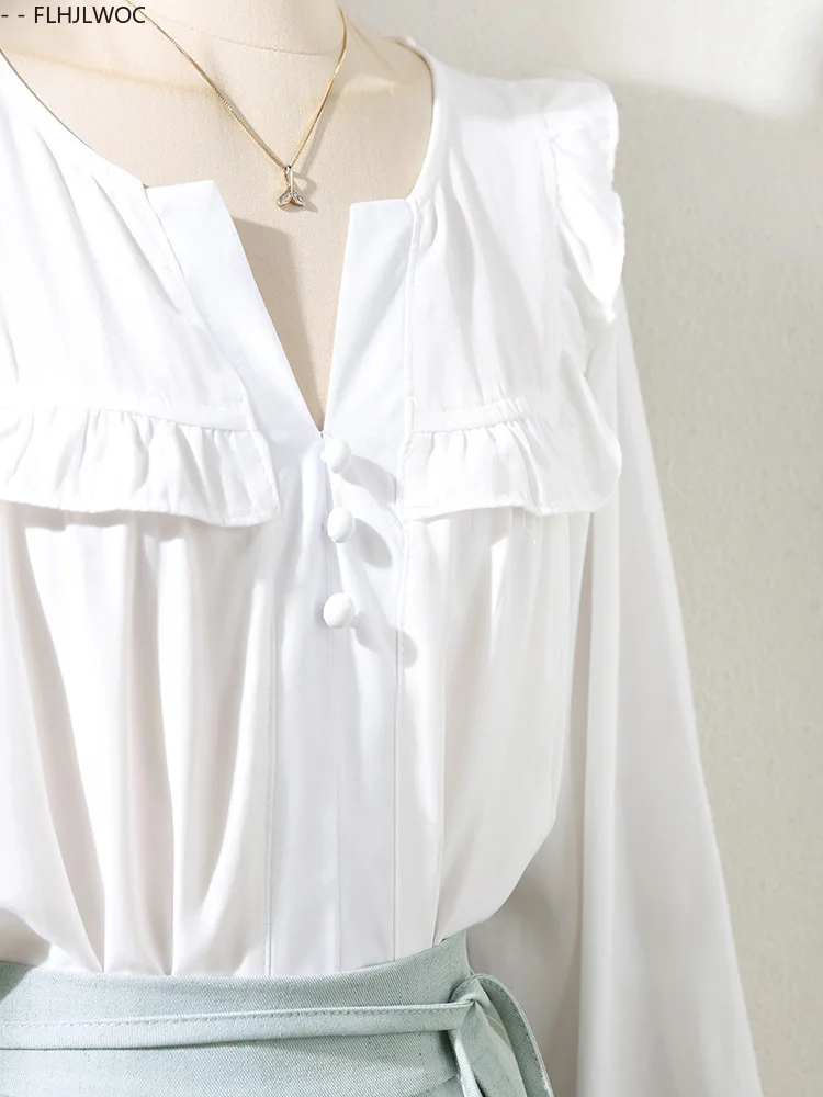 Cute Sweet Tops Short New Design 2025 Woman Preppy Style Japan Girls Flare Sleeve Ruffles Trim Edge Casual White Shirts Blouse