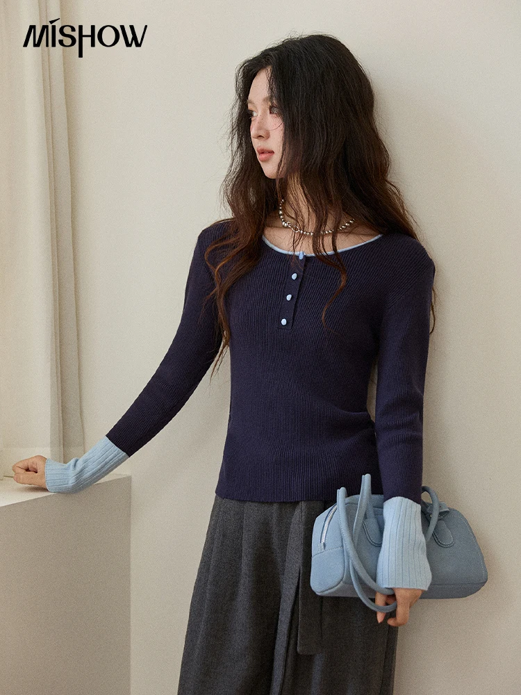 MISHOW Long Sleeves Sweater Women 2025 Winter New Retro Contrast Color Crew Neck Knit Top Comfortable Slim Sweater MXE89Z2639