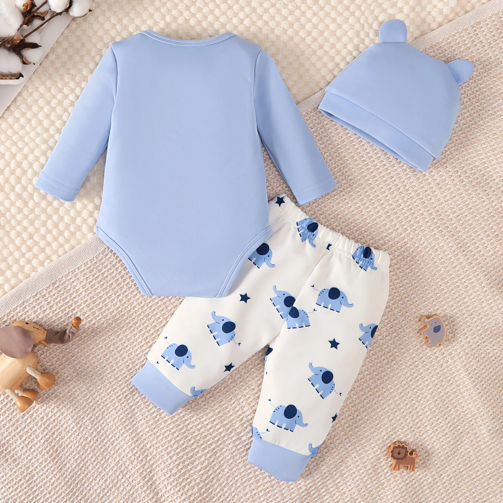 Baby Boy Set Solid Color Cute Small Elephant Bodysuit+Pants+Hat 3Pcs Suitable 0-12 Months Newborn Baby Boy Daily Crawler Suit
