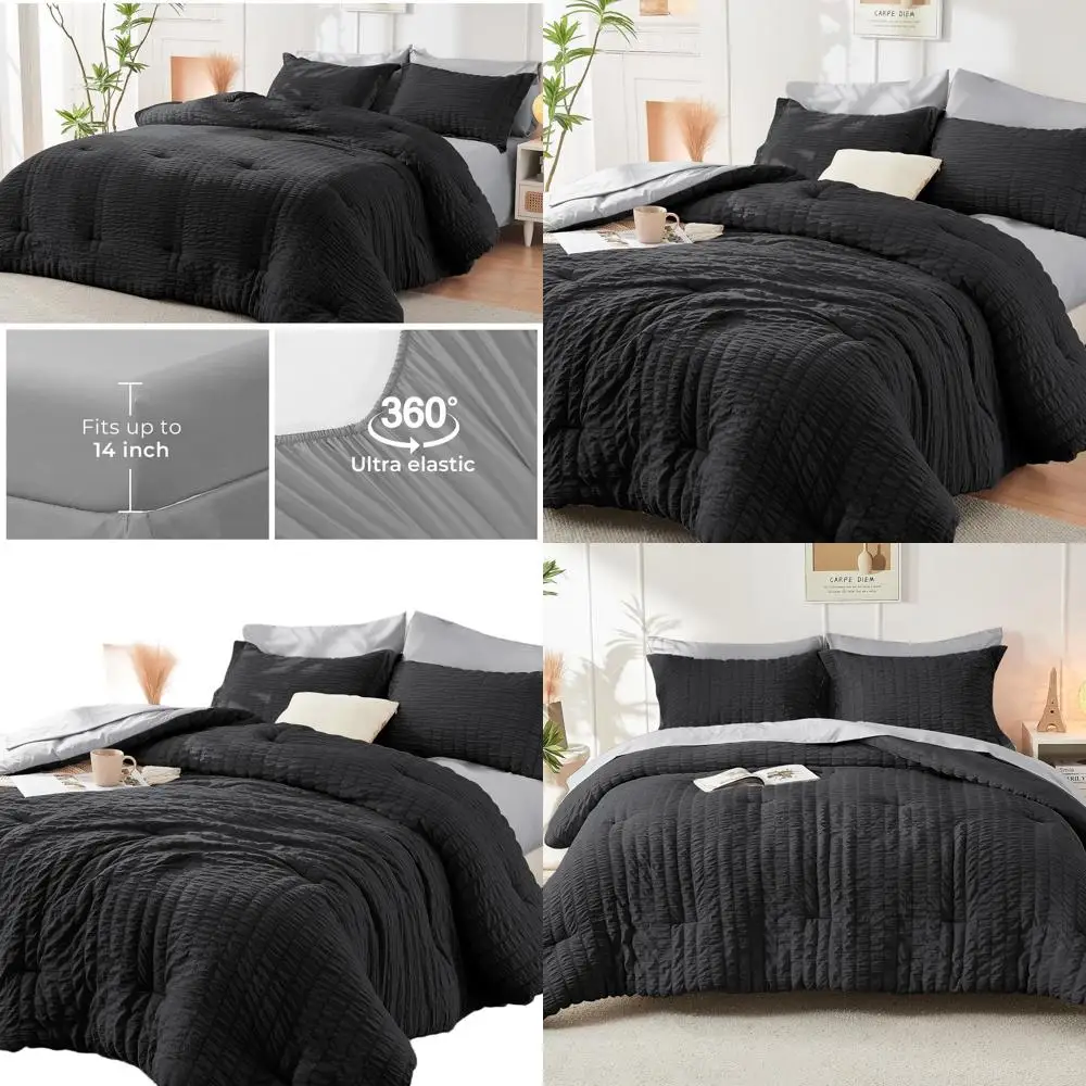 

Комплект одеял Queen из 7 предметов в стиле Seersucker: всесезонное роскошное постельное белье с простынями, наволочками и шамс