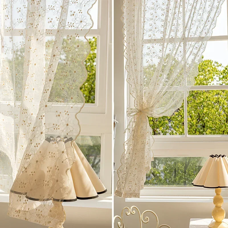 1 Panel Vintage Beige Floral Embroidery Clear Lace Curtain  Lace Thin Rod Pockets,Living Room, Bedroom,Kitchen,Gauze Curtains