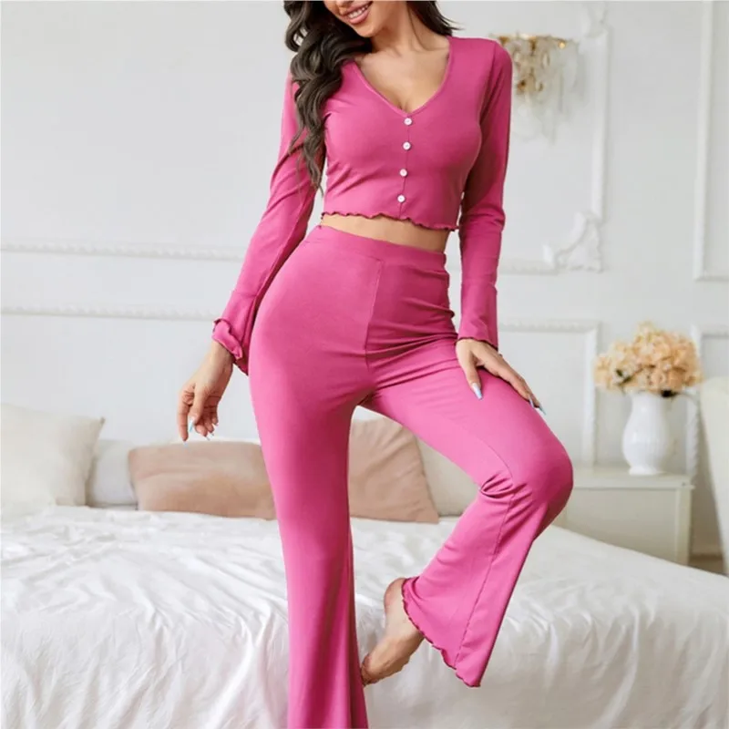 Ladies Spring And Autumn New Pajama Set Stretch Trousers Women's Home Clothes Long Sleeve V-Neck Sports Suit