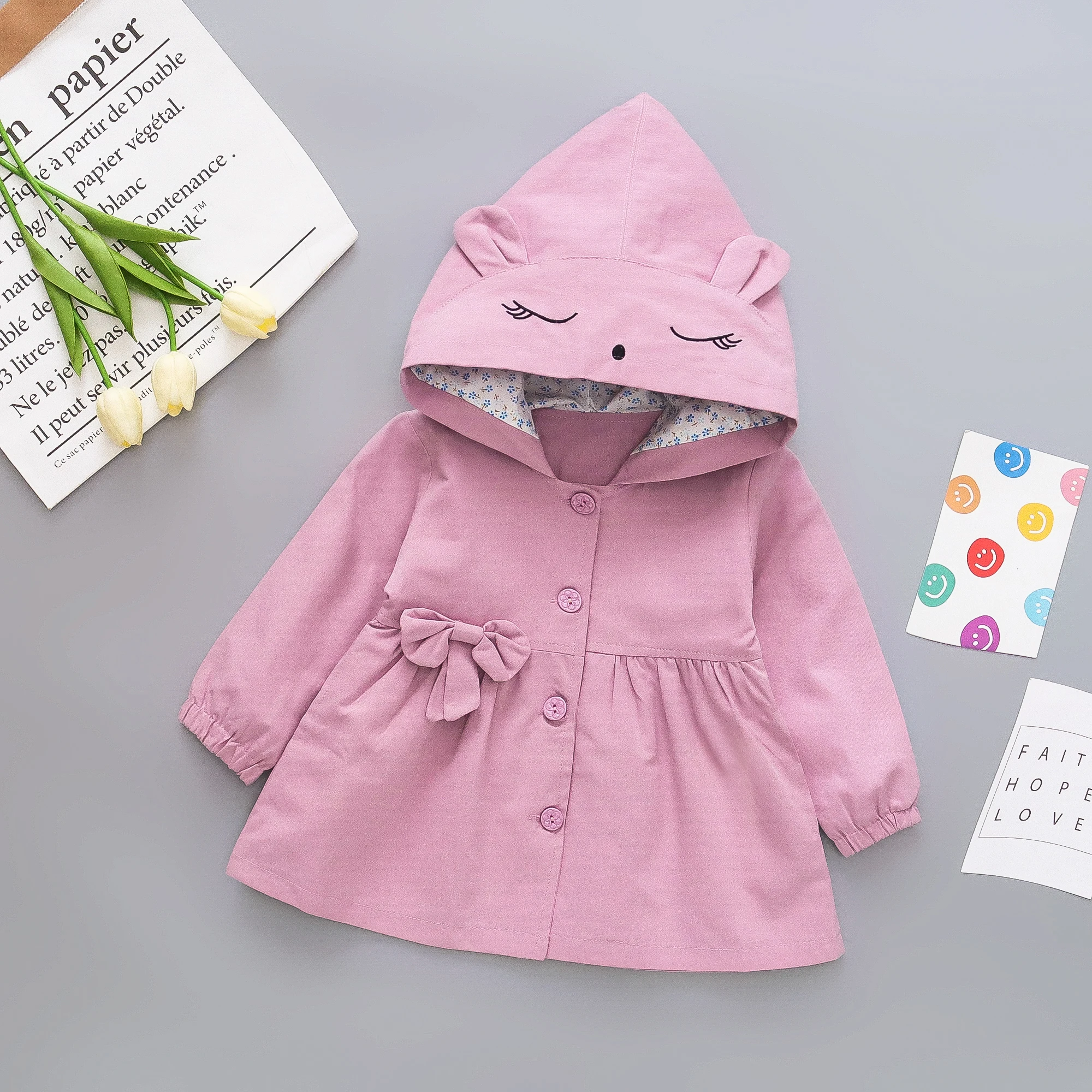 Spring And Autumn 0-3 Year Old Girl Cute Hooded Coat Baby Solid Single Breasted Hat Embroidered Cartoon Sweet Windbreaker