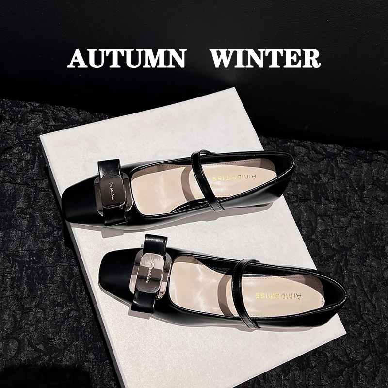 

Сандалии с квадратным носком и бантом, однотонные слипоны на плоской подошве, весенняя женская обувь на каблуке, уличная обувь Мэри Джейн, Zapatos Mujer