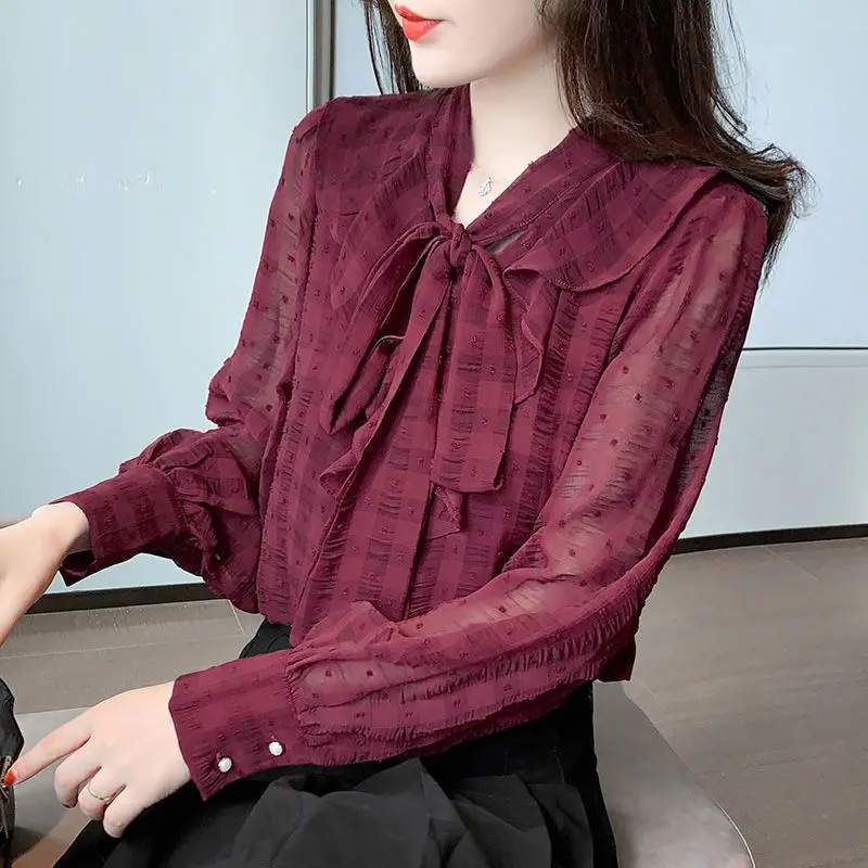 Elegant V-Neck Lantern Sleeve Spliced Ruffles โบว์เสื้อชีฟองเดินทางเสื้อฤดูร้อนฤดูใบไม้ร่วงหวานผู้หญิงเสื้อผ้าเสื้อ