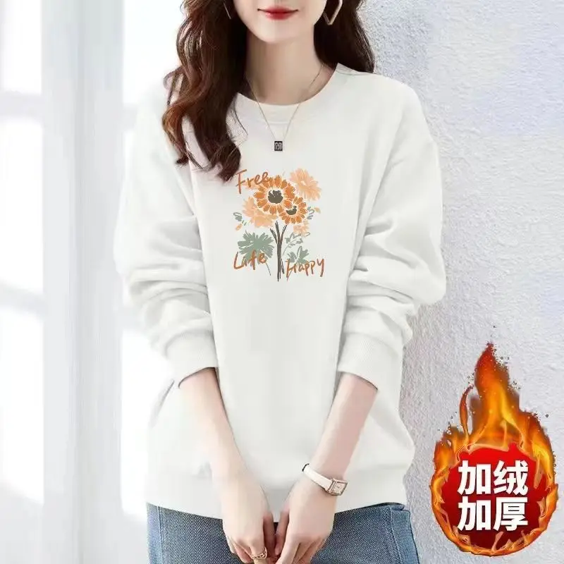 Sudadera de cuello redondo de algodón puro estilo coreano más terciopelo grueso estampado Otoño e Invierno Top suelto de manga larga ropa exterior