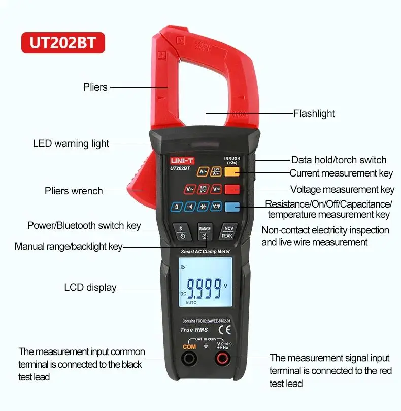 UNI-T UT202S UT202BT Digital Clamp Meter 600A AC Current Pliers Ammeter Voltage Tester Temperature Frequency Meter Auto Range