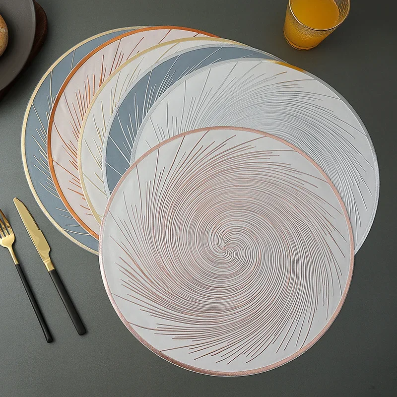Hot Stamping Vortex Stripe Round Placemats Pvc Insulated Tableware Mat for Party Banquet 8Pcs Exquisite Waterproof Home Decor