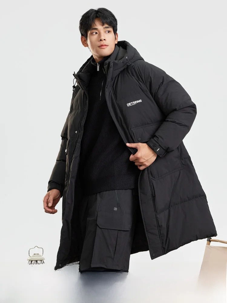 

Snow 2024 Winter Men's Mid-Length Hooded down Jaet Pure Color Casual Large ket Thi Faionable Polyester Fiber