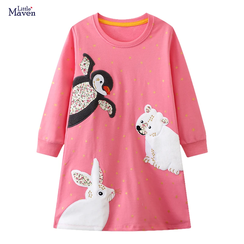 Little maven New Fall Europe and America Kids Clothes Cotton Long Sleeves Cartoon Animals Embroidery Fashion Girl Princess Dress