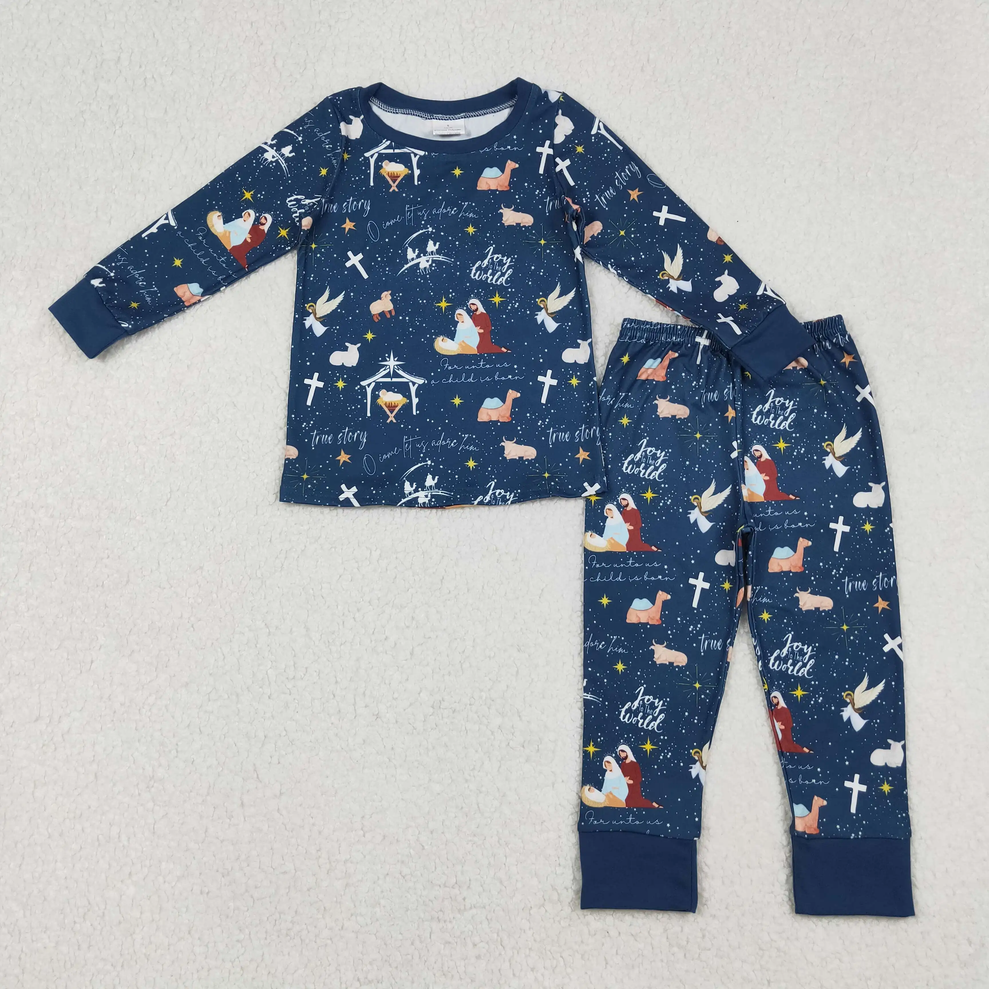 

9.8y Wholesale Christmas boy clothing wholesale boutique world Jesus blue long sleeve long pants pajama set
